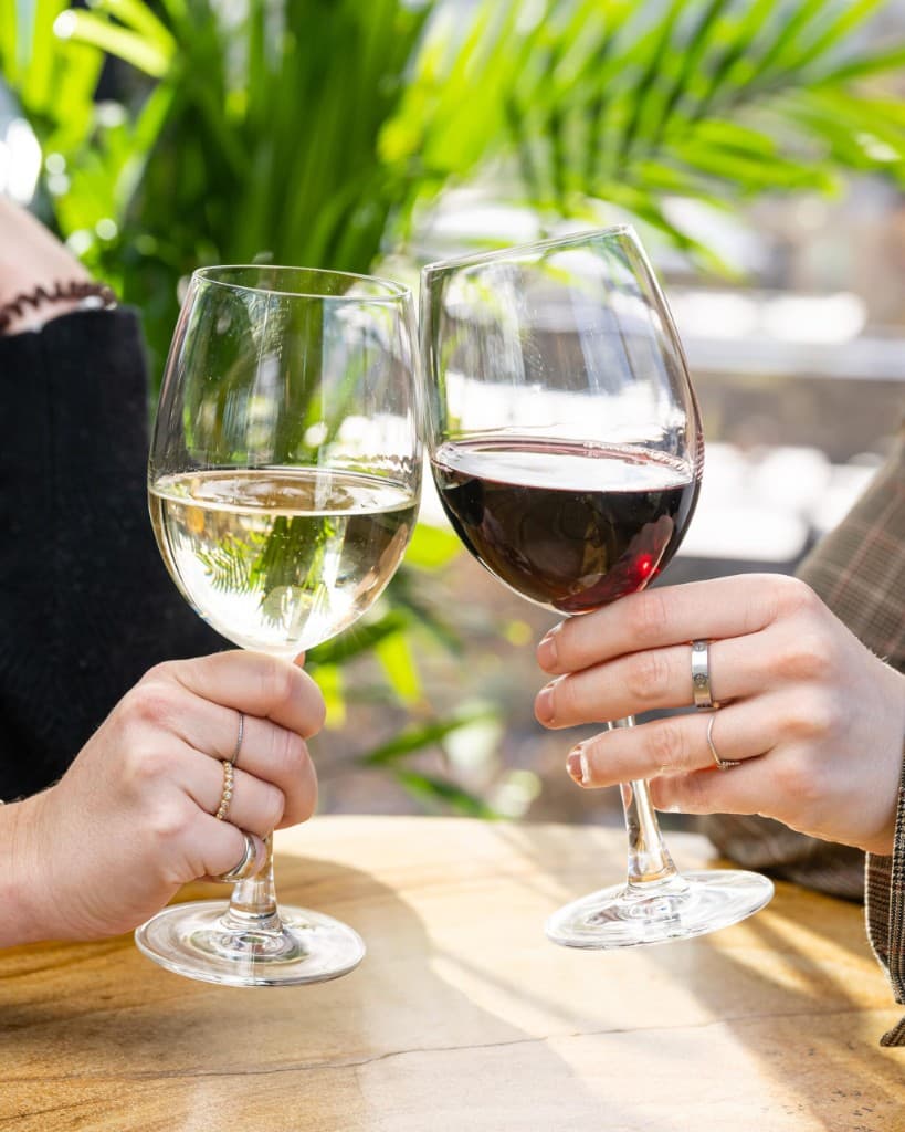 Two hands clinking white and red wine glasses over a light wood table, soft greenery in the background