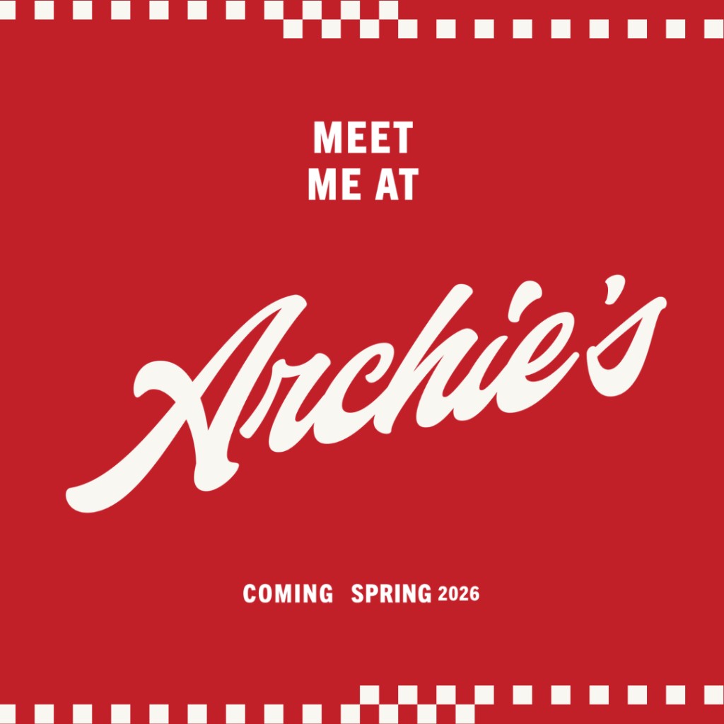 Red square graphic with checkerboard top and bottom borders, Meet Me at in white caps, Archie's script logo, and Coming Spring 2026